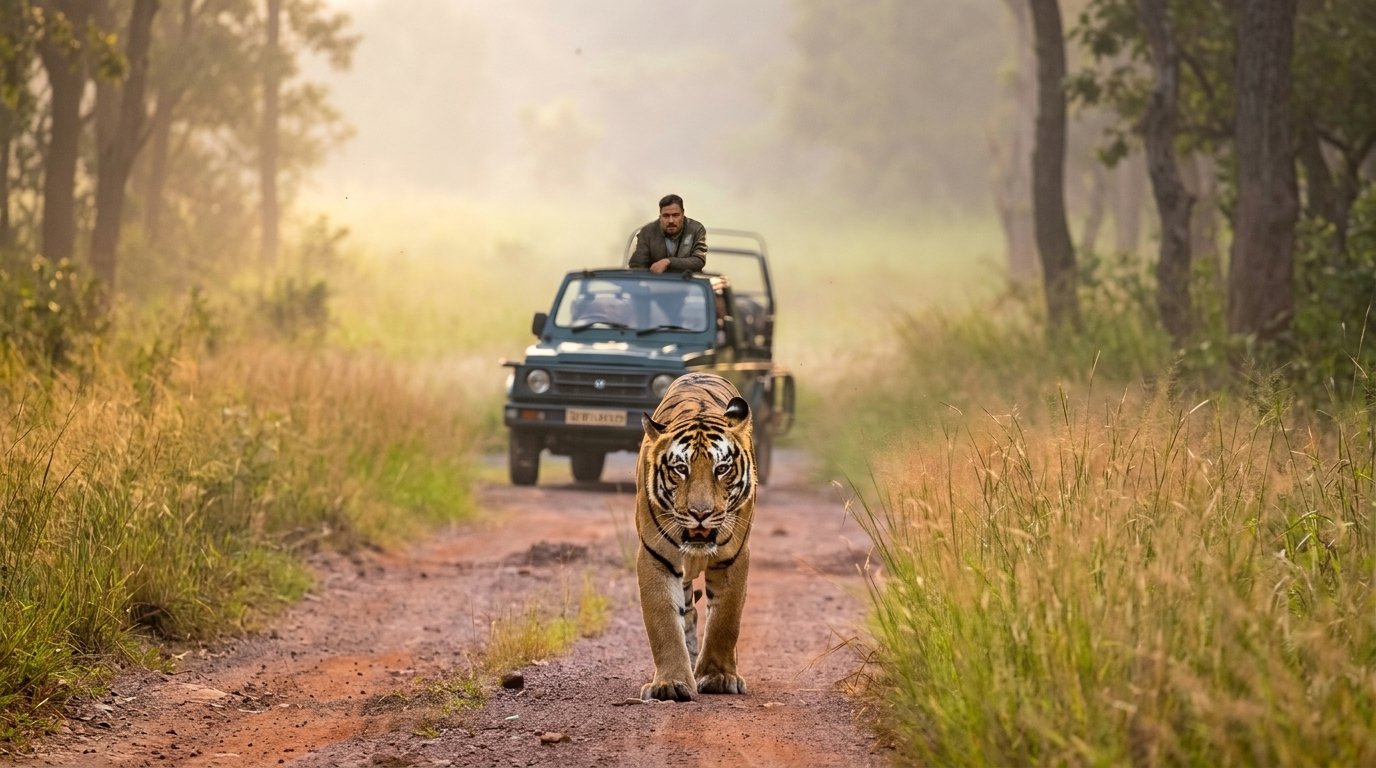 Royal Bengal Tiger with Safari Jeep in Jungle — Jim Corbett 4K Desktop View
